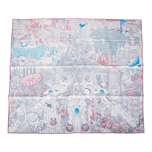 Hermes  Animapolis  White Silk Twill Scarf 90cm Online now