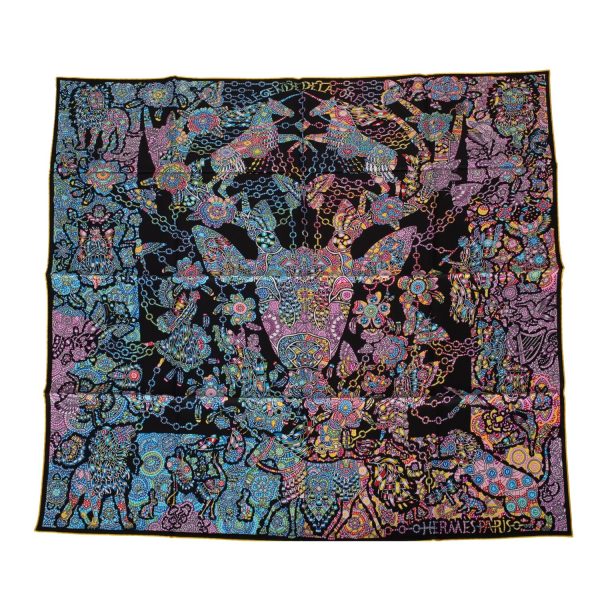 Hermes  La Legende de la Foret  Black Silk Twill Scarf 90cm Fashion