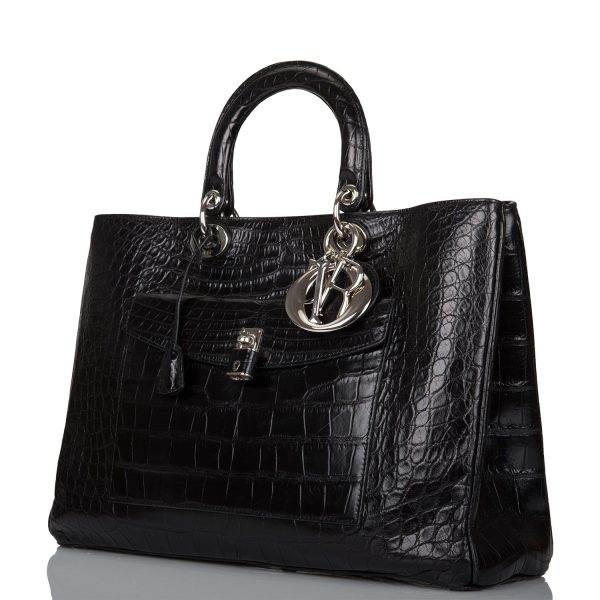 Pre-owned Christian Dior Diorissimo Pocket Tote Black Matte Alligator Silver Hardware Fashion