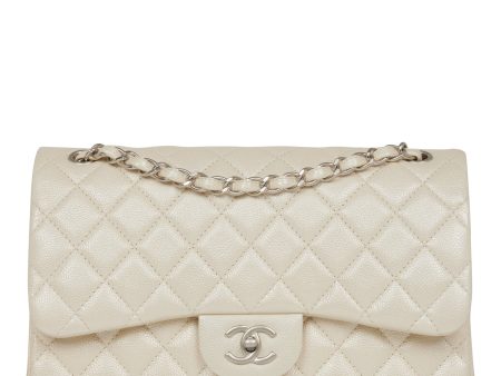 Chanel Jumbo Classic Double Flap Bag White Iridescent Caviar Silver Hardware For Discount