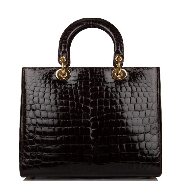 Pre-owned Christian Dior Dark Brown Large Lady Dior Alligator Tote Gold Hardware Online Sale