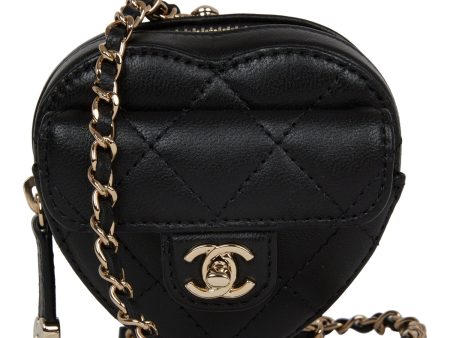 Chanel CC In Love Heart Necklace Bag Black Lambskin Light Gold Hardware Fashion