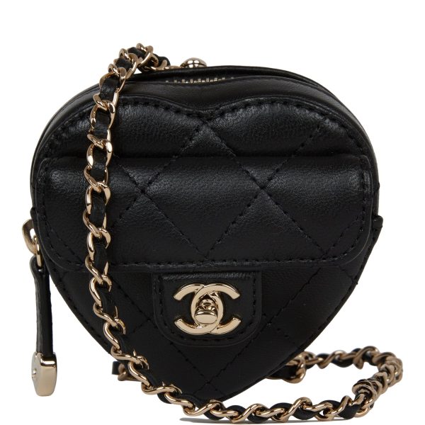 Chanel CC In Love Heart Necklace Bag Black Lambskin Light Gold Hardware Fashion