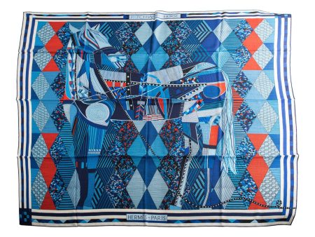 Hermes  Patchwork Horse  Bleu Royal Cashmere and Silk Shawl 140cm For Discount