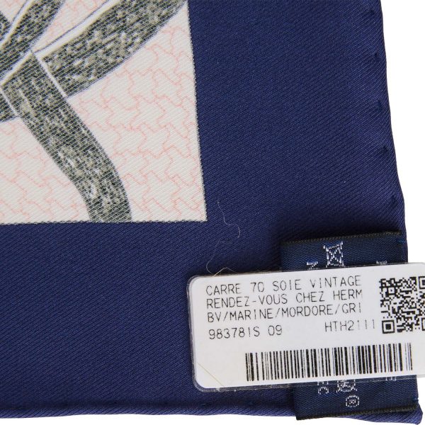 Hermes  Rendez-Vous Chez  Blue Marine Silk Twill Scarf 70cm on Sale