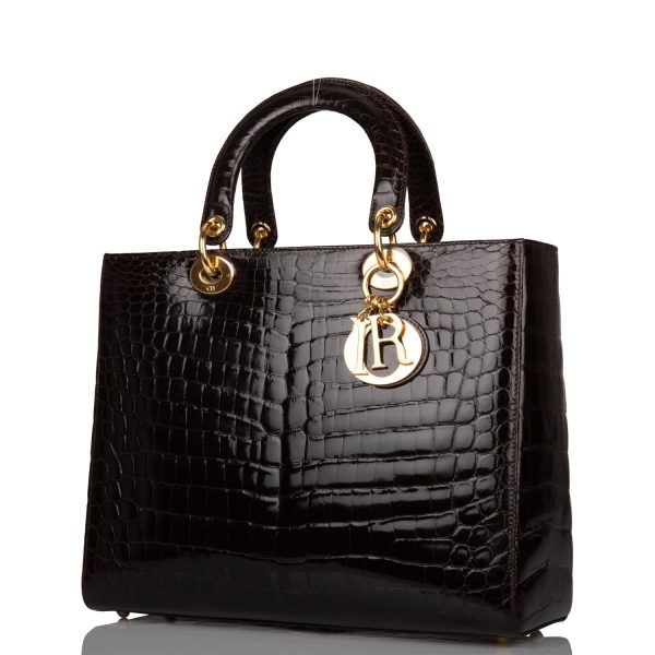 Pre-owned Christian Dior Dark Brown Large Lady Dior Alligator Tote Gold Hardware Online Sale