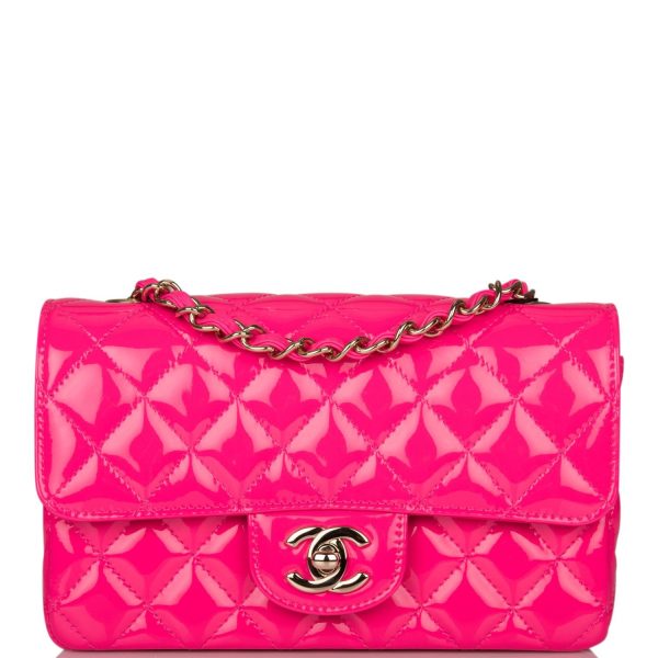 Chanel Pink Quilted Patent Rectangular Mini Classic Flap Bag Light Gold Hardware Sale