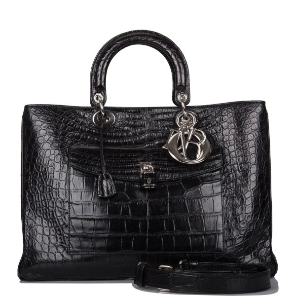 Pre-owned Christian Dior Diorissimo Pocket Tote Black Matte Alligator Silver Hardware Fashion