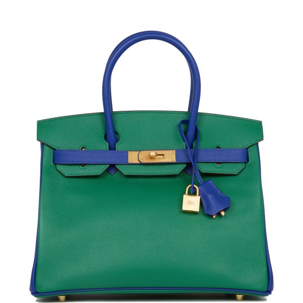 Hermes Special Order (HSS) Birkin 30 Vert Verone and Bleu Electric Epsom Brushed Gold Hardware Online now