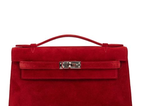 Hermes Kelly Pochette Rouge Vif Doblis Palladium Hardware on Sale