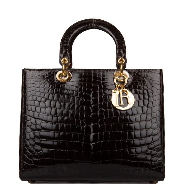 Pre-owned Christian Dior Dark Brown Large Lady Dior Alligator Tote Gold Hardware Online Sale