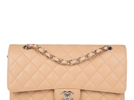 Chanel Beige Quilted Caviar Medium Classic Double Flap Bag Silver Hardware For Sale